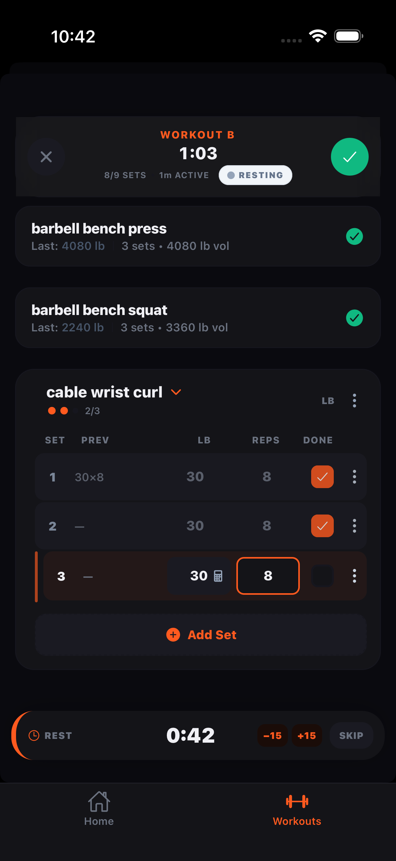 Active workout session with rest timer