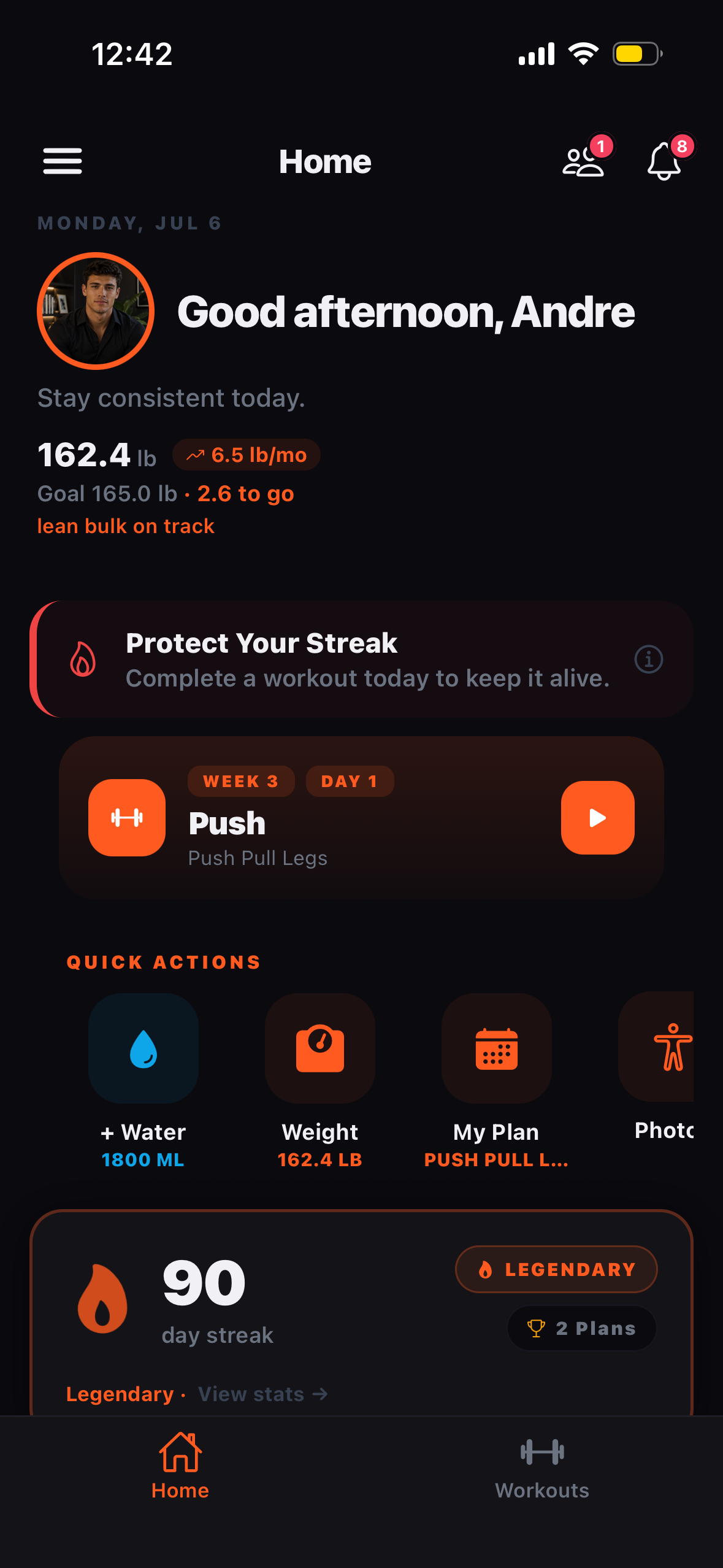 IrieFit home dashboard showing 90-day legendary streak and training plan