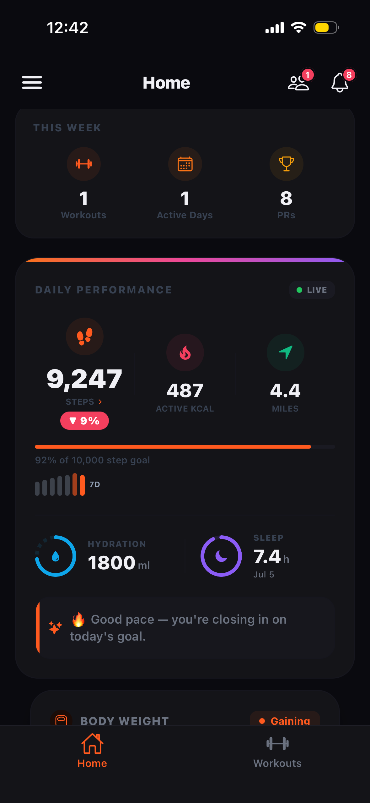 Daily performance: steps, active kcal, miles, sleep, hydration