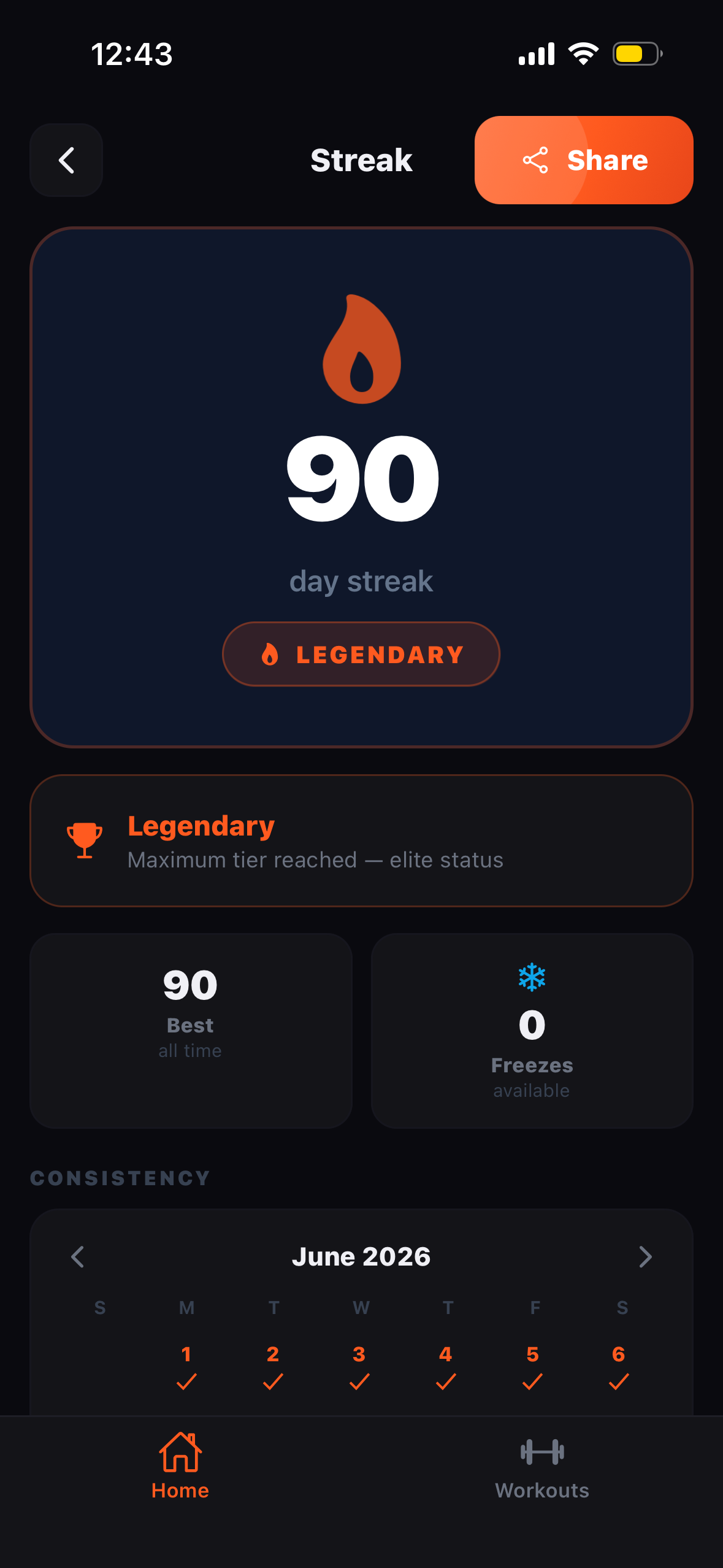 90-day Legendary streak with flame icon