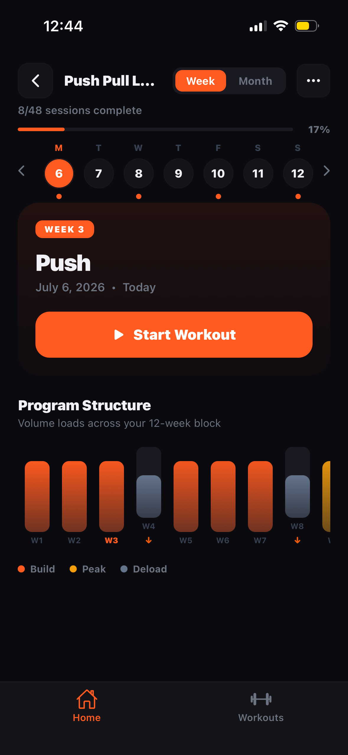 Training plan calendar with build, peak and deload weeks