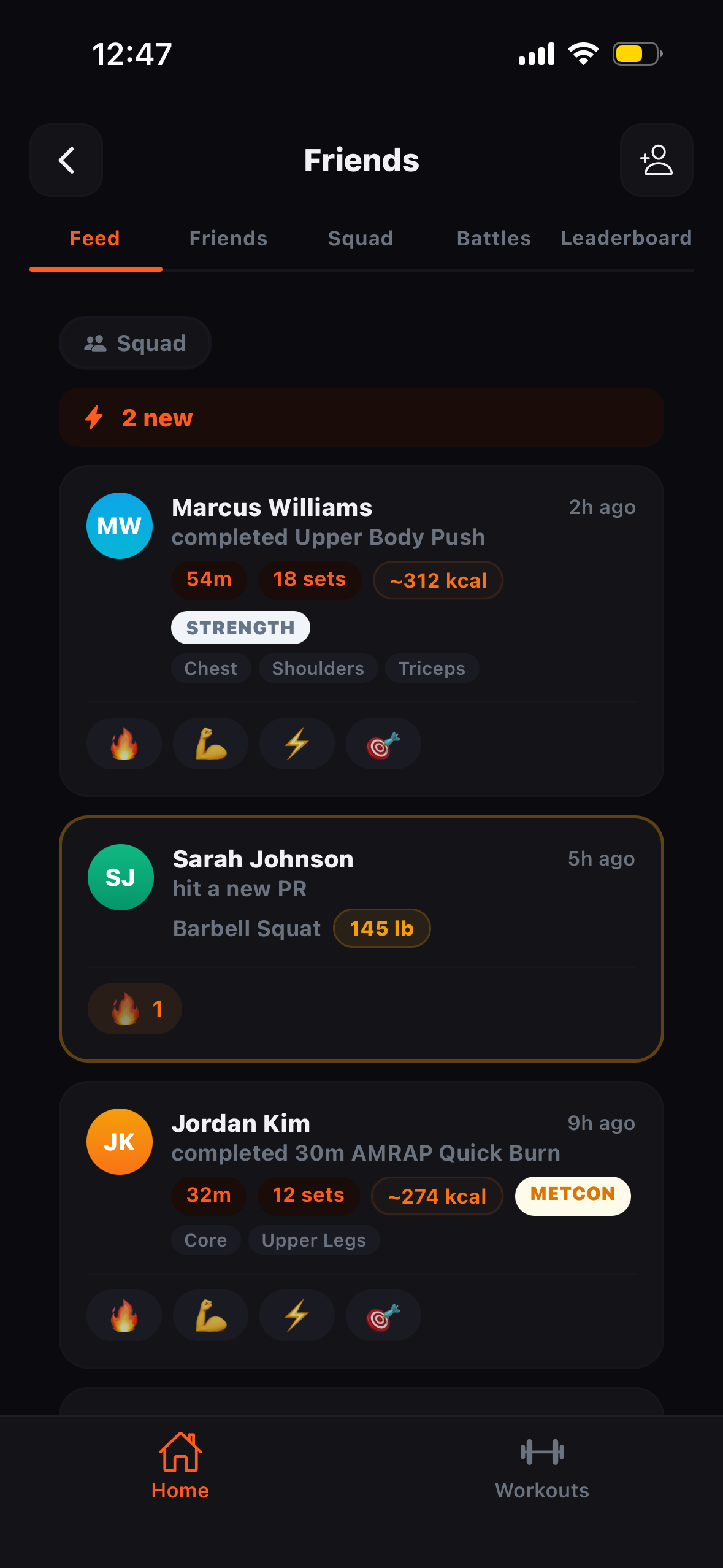 Friends activity feed showing recent workouts