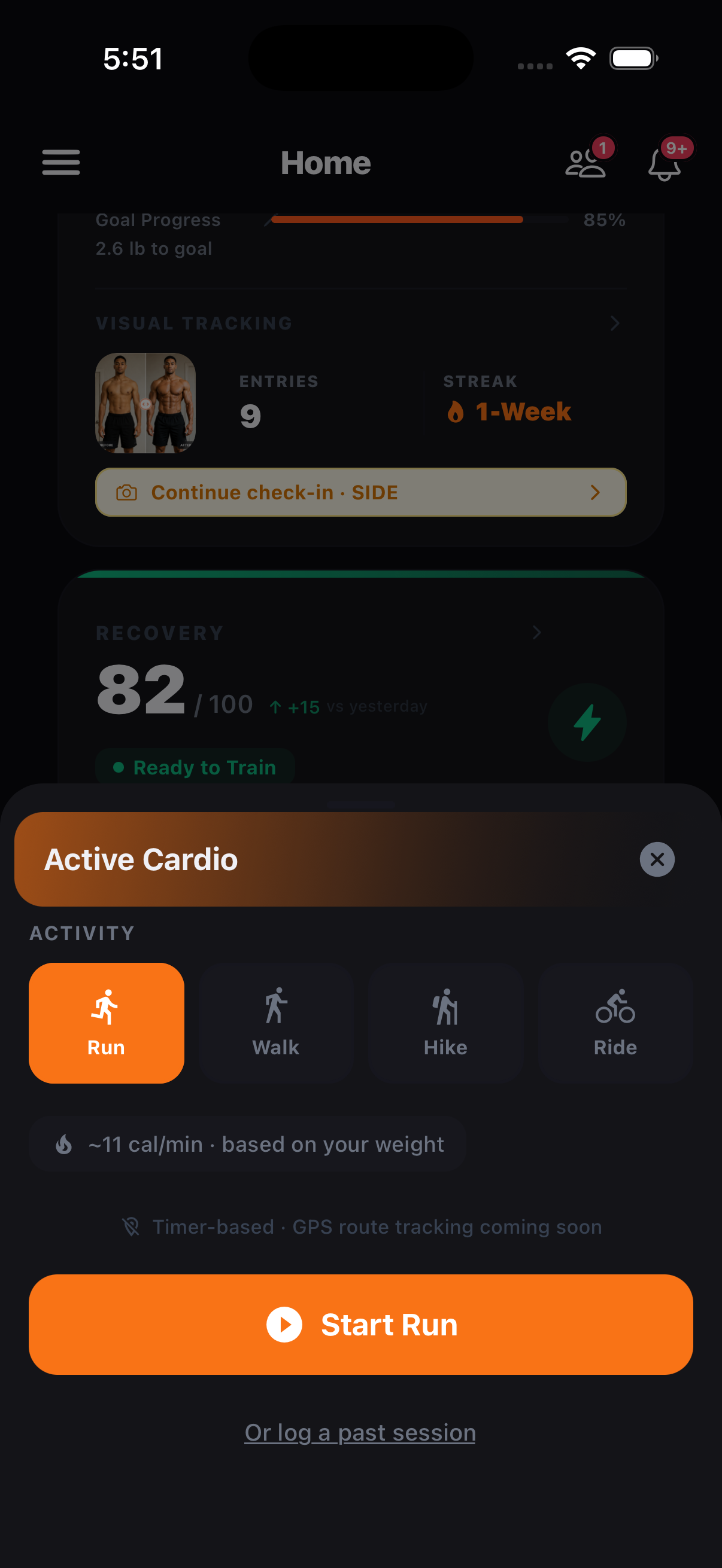 Active Cardio screen with Run, Walk, Hike and Ride activity selection