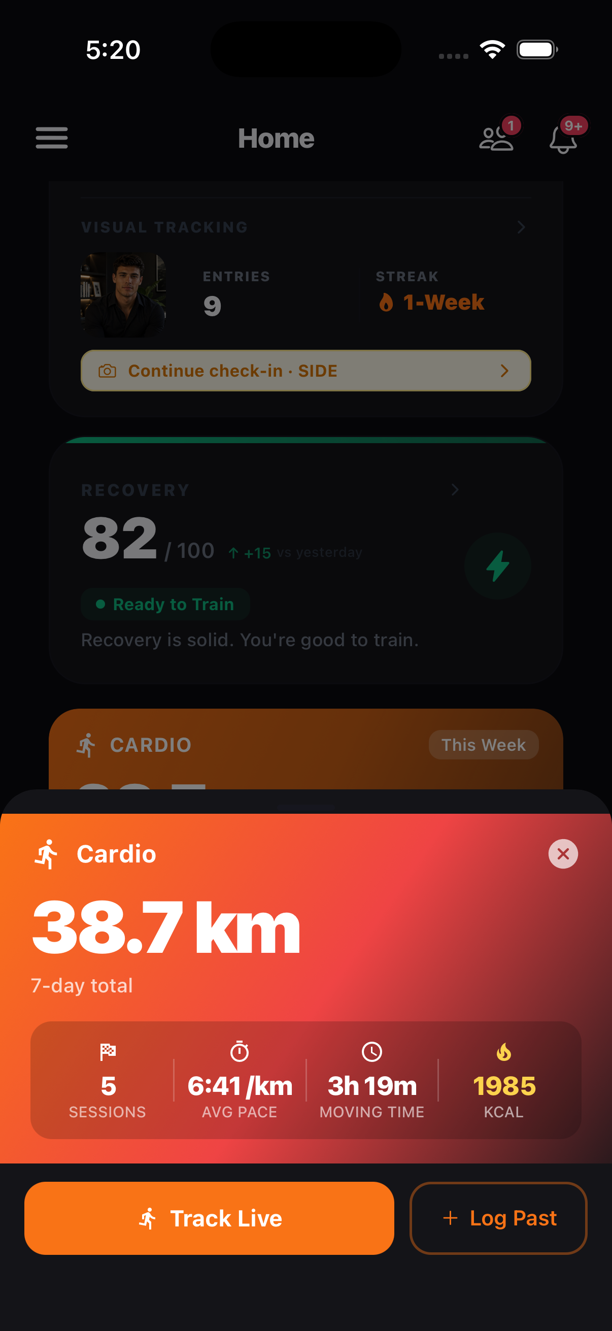 Cardio detail sheet with pace, moving time and session list